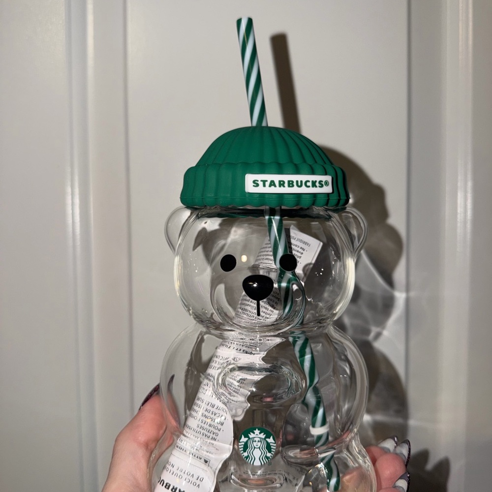 Starbucks 2025 Bear Glass Cup with Green Lid and Straw
